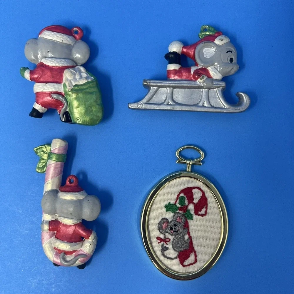 Vintage Christmas Mouse Mice Ceramic Ornaments Hand Painted Lot of 4 Collectible